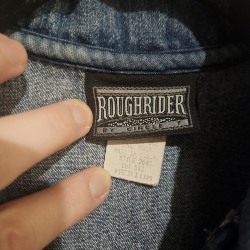 ROUGHRIDER Vintage 90s Denim Button Up Crop Top with Frayed Sleeves Womens SZ M - Picture 6 of 8
